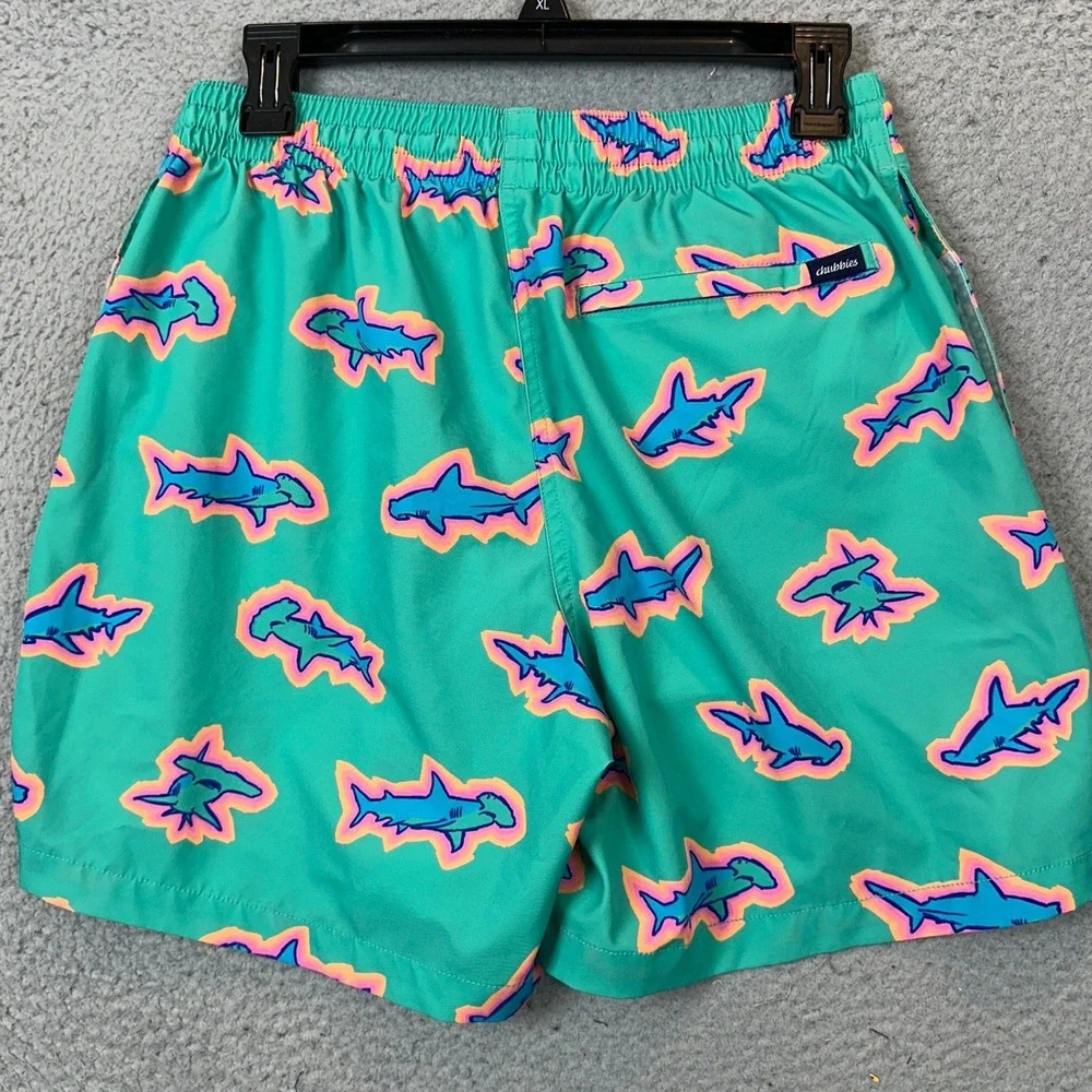 Chubbies Swim Trunks Mens Large 5.5 Inseam Shark Print Green Lined Board Shorts